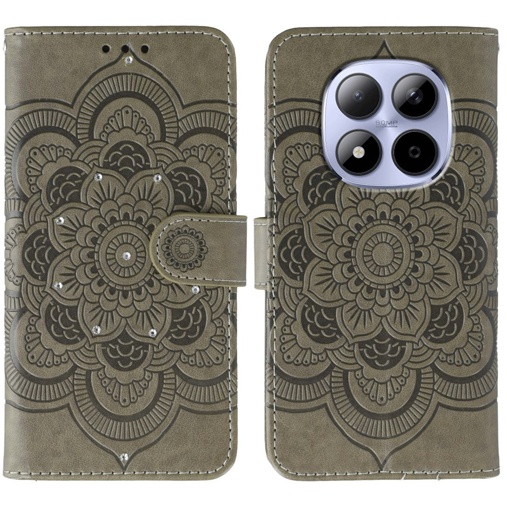 For Xiaomi Redmi Note 15 Pro 5G (Global) Case Rhinestone Decor PU Leather Mandala Imprint Phone Cover with Wrist Strap - Grey