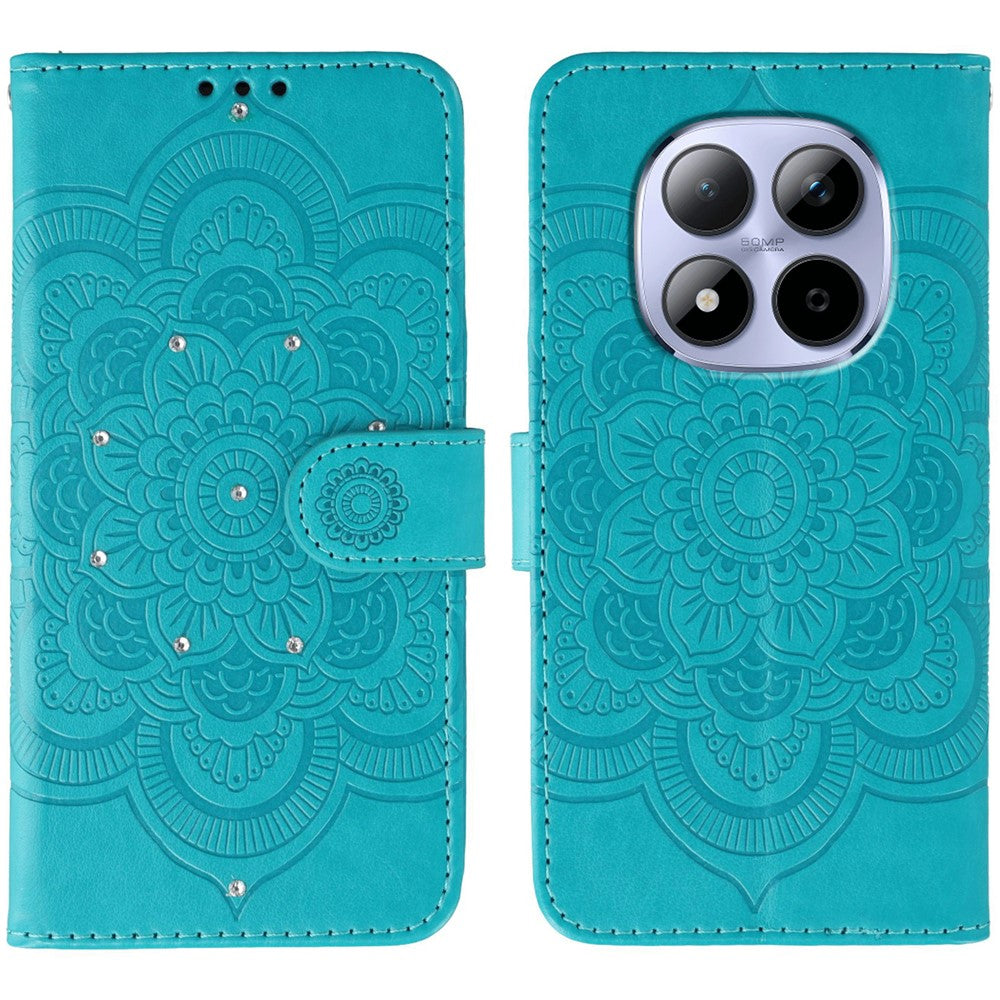 For Xiaomi Redmi Note 15 Pro 5G (Global) Case Rhinestone Decor PU Leather Mandala Imprint Phone Cover with Wrist Strap - Blue
