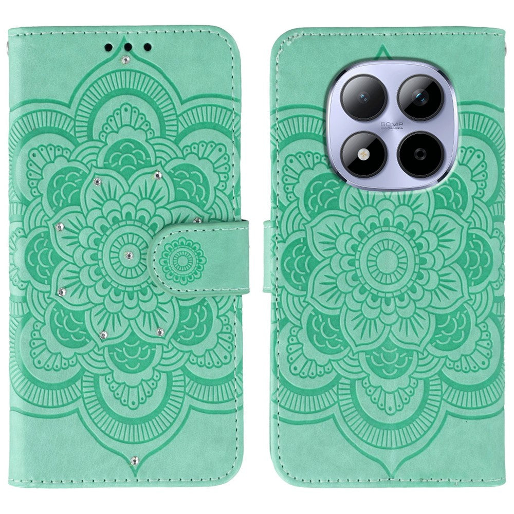For Xiaomi Redmi Note 15 Pro 5G (Global) Case Rhinestone Decor PU Leather Mandala Imprint Phone Cover with Wrist Strap - Green