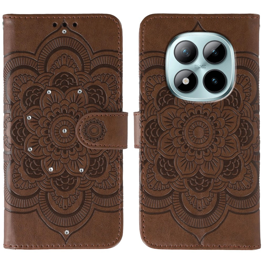 For Xiaomi Poco M8 Pro 5G / Redmi Note 15 Pro+ 5G (Global) Case Rhinestone Decor PU Leather Mandala Imprint Phone Cover with Wrist Strap - Brown