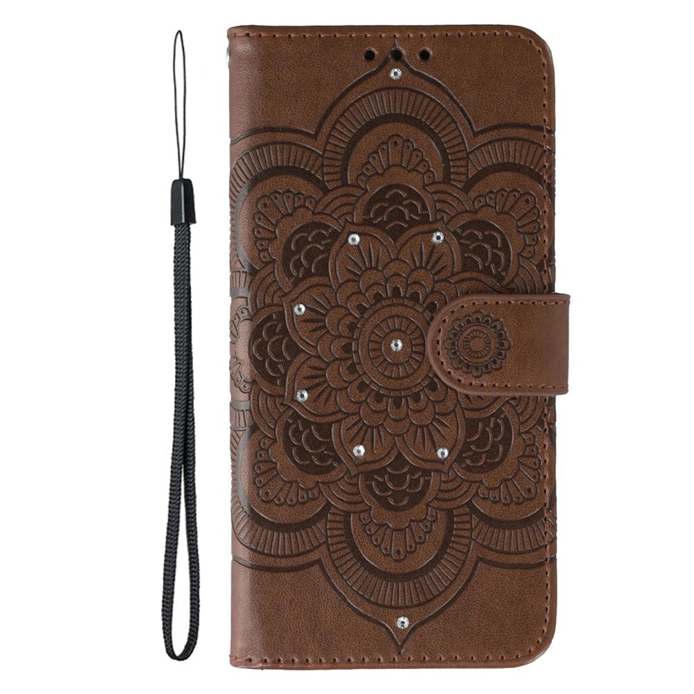 For Xiaomi Poco M8 Pro 5G / Redmi Note 15 Pro+ 5G (Global) Case Rhinestone Decor PU Leather Mandala Imprint Phone Cover with Wrist Strap - Brown