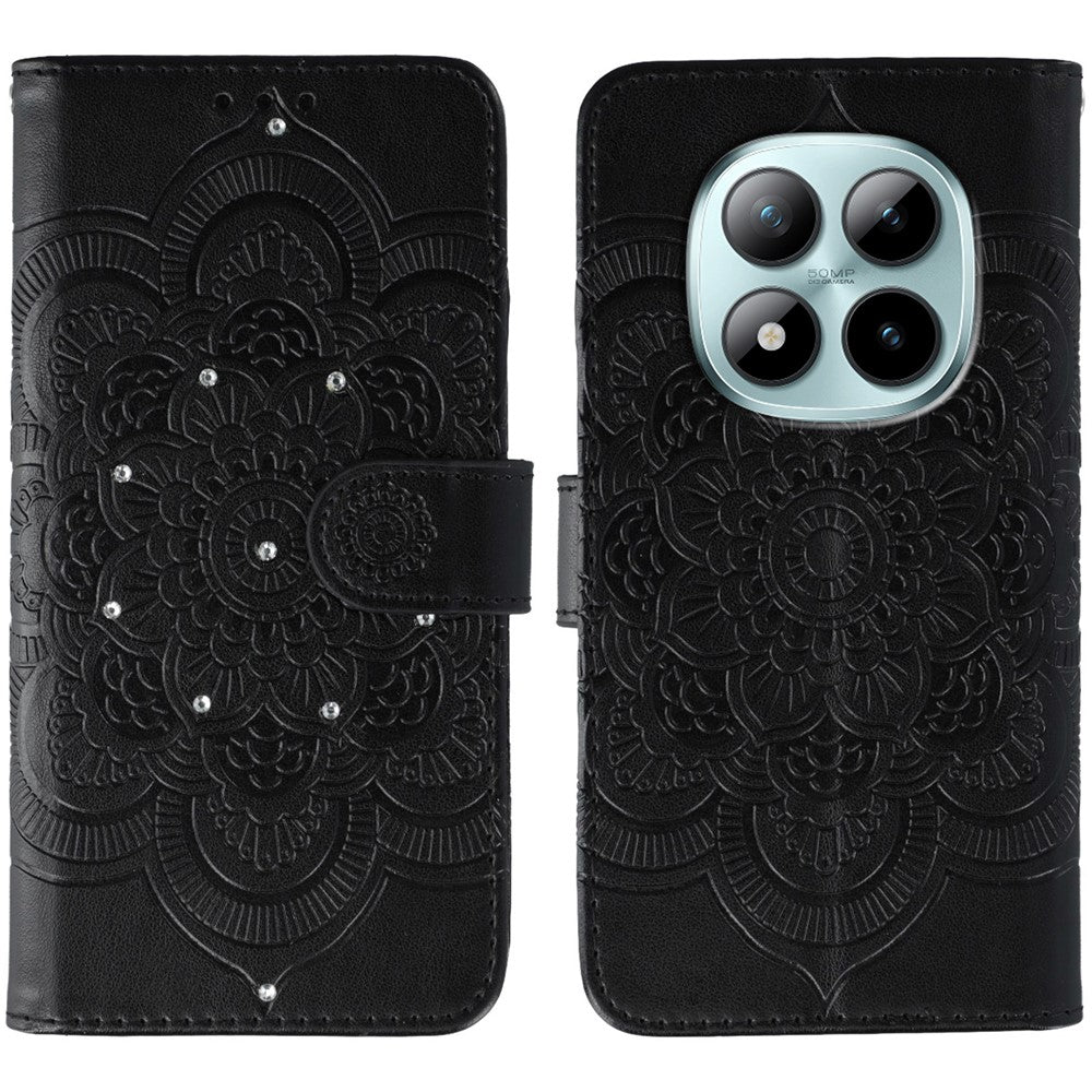 For Xiaomi Poco M8 Pro 5G / Redmi Note 15 Pro+ 5G (Global) Case Rhinestone Decor PU Leather Mandala Imprint Phone Cover with Wrist Strap - Black
