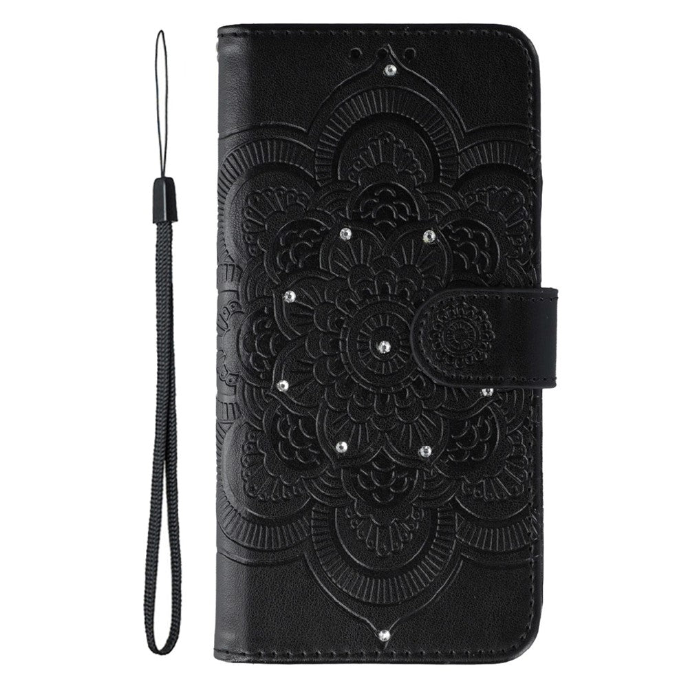 For Xiaomi Poco M8 Pro 5G / Redmi Note 15 Pro+ 5G (Global) Case Rhinestone Decor PU Leather Mandala Imprint Phone Cover with Wrist Strap - Black