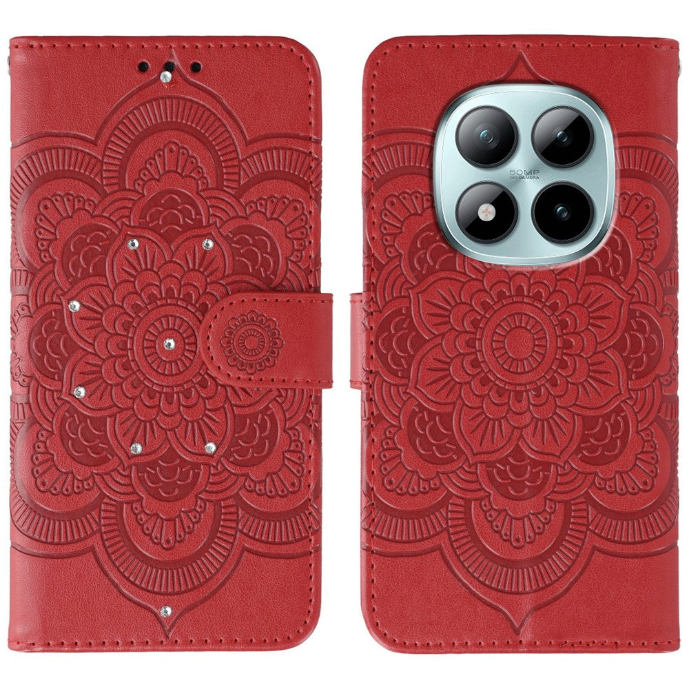 For Xiaomi Poco M8 Pro 5G / Redmi Note 15 Pro+ 5G (Global) Case Rhinestone Decor PU Leather Mandala Imprint Phone Cover with Wrist Strap - Red