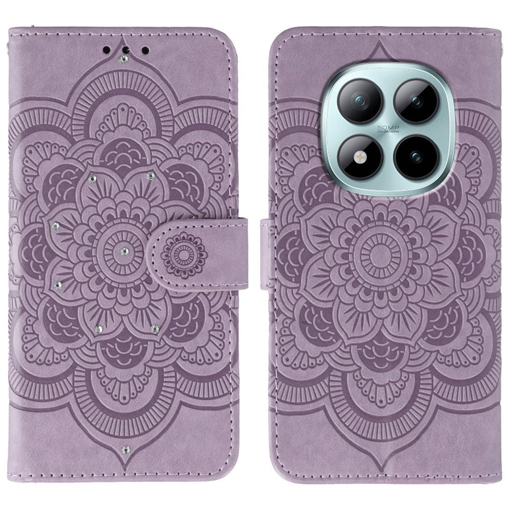For Xiaomi Poco M8 Pro 5G / Redmi Note 15 Pro+ 5G (Global) Case Rhinestone Decor PU Leather Mandala Imprint Phone Cover with Wrist Strap - Purple