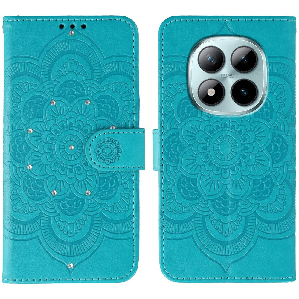 For Xiaomi Poco M8 Pro 5G / Redmi Note 15 Pro+ 5G (Global) Case Rhinestone Decor PU Leather Mandala Imprint Phone Cover with Wrist Strap - Blue