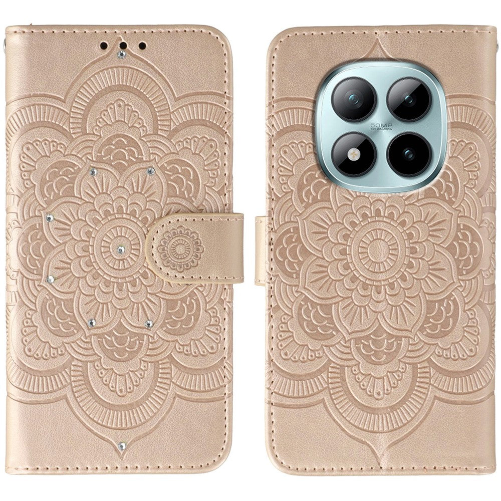 For Xiaomi Poco M8 Pro 5G / Redmi Note 15 Pro+ 5G (Global) Case Rhinestone Decor PU Leather Mandala Imprint Phone Cover with Wrist Strap - Rose Gold