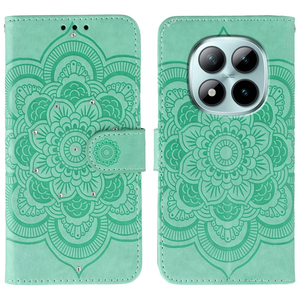 For Xiaomi Poco M8 Pro 5G / Redmi Note 15 Pro+ 5G (Global) Case Rhinestone Decor PU Leather Mandala Imprint Phone Cover with Wrist Strap - Green