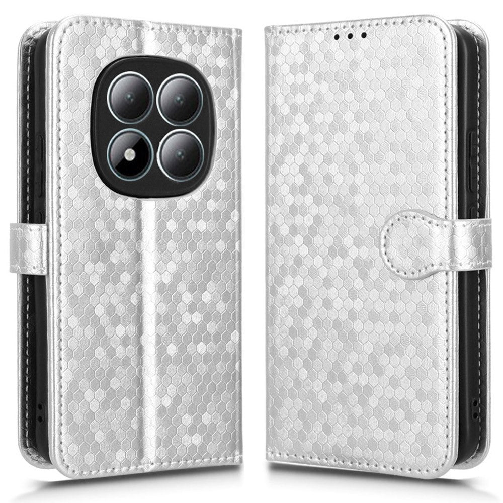 For Xiaomi Redmi Note 15 Pro 5G (Global) Wallet Case Dot Pattern Imprint PU Leather Phone Cover with Wrist Strap - Silver