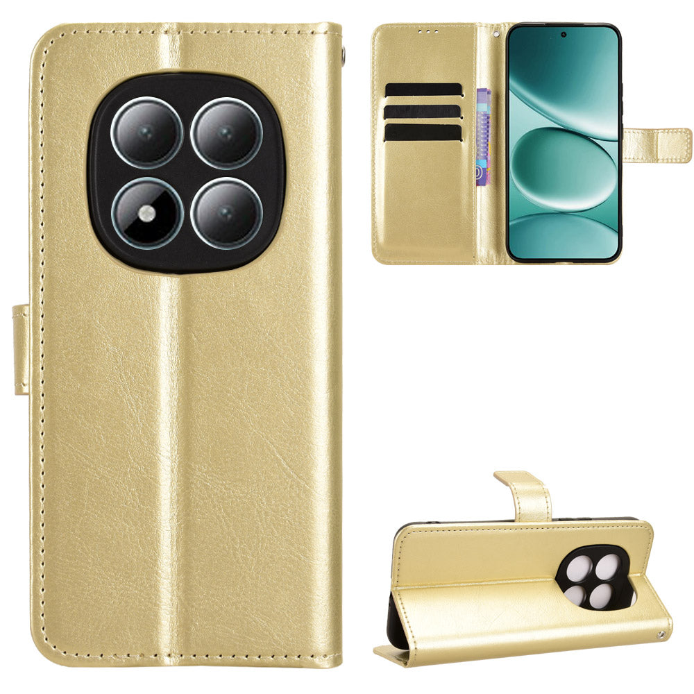 For Xiaomi Poco M8 Pro 5G / Redmi Note 15 Pro+ 5G (Global) PU Leather Case with Strap Crazy Horse Texture Phone Wallet Cover - Gold