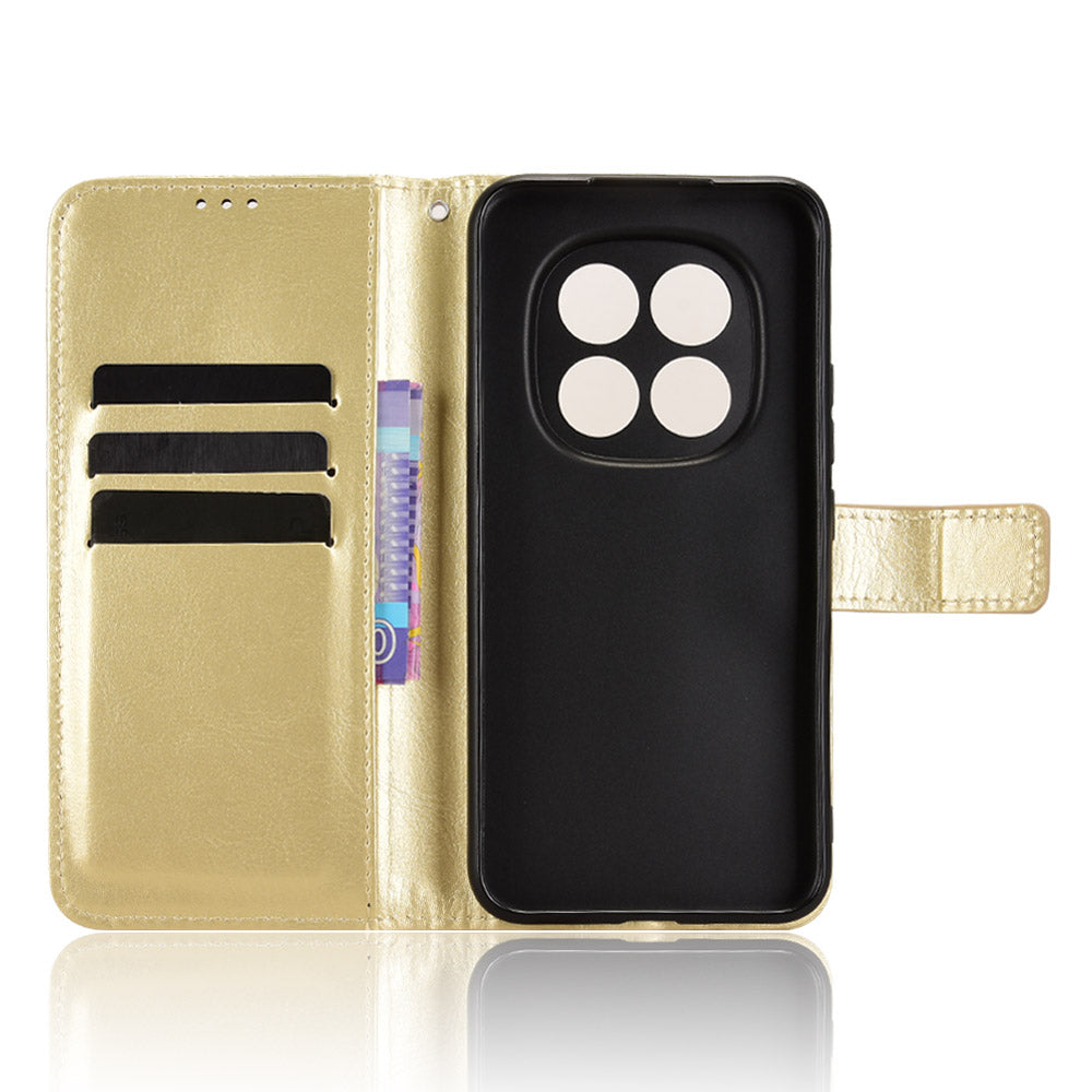 For Xiaomi Poco M8 Pro 5G / Redmi Note 15 Pro+ 5G (Global) PU Leather Case with Strap Crazy Horse Texture Phone Wallet Cover - Gold