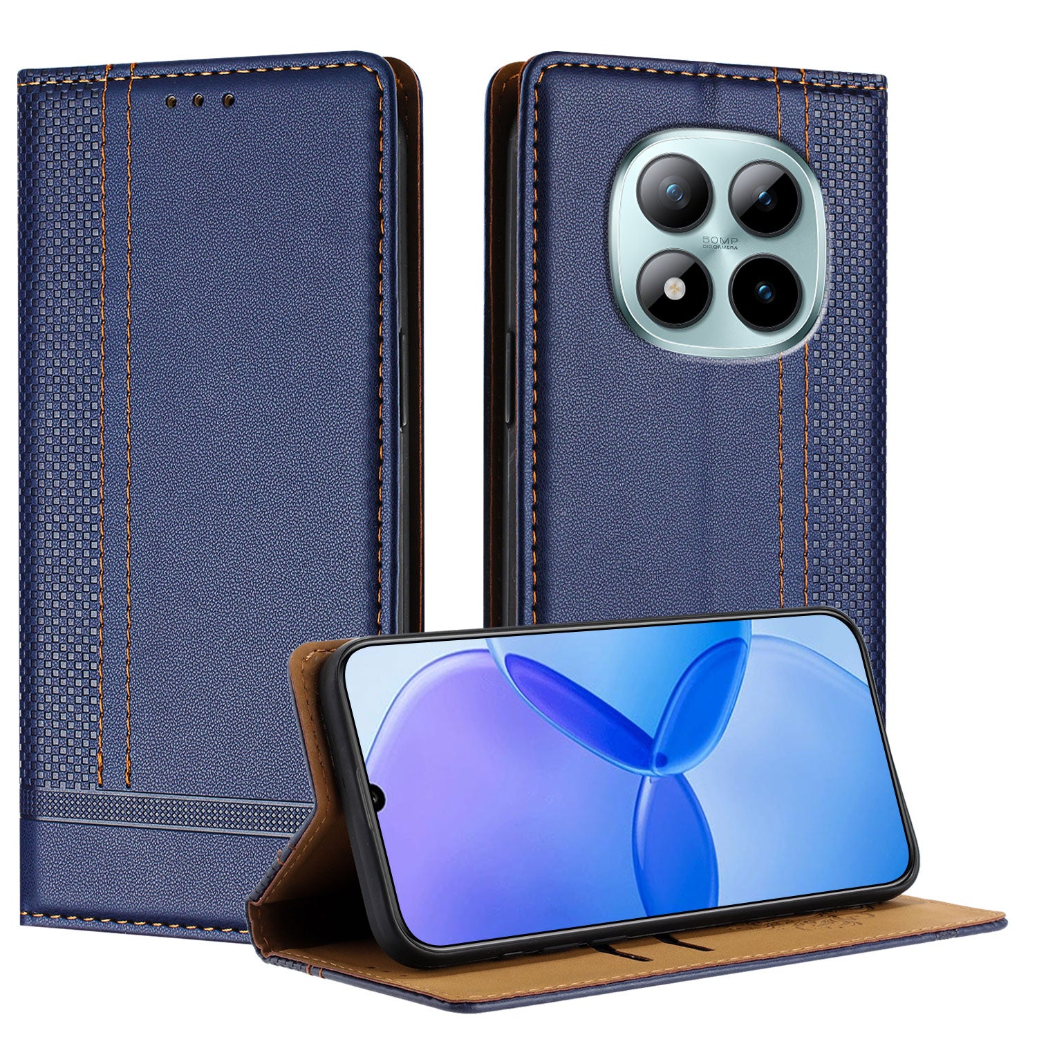 For Xiaomi Poco M8 Pro 5G / Redmi Note 15 Pro+ 5G (Global) Case L-Shaped Grid Pattern Leather Stand Phone Cover with Card Slots - Blue