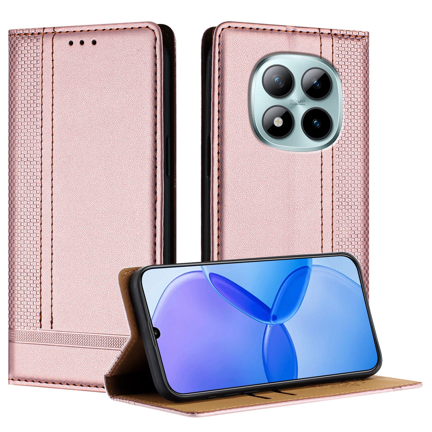 For Xiaomi Poco M8 Pro 5G / Redmi Note 15 Pro+ 5G (Global) Case L-Shaped Grid Pattern Leather Stand Phone Cover with Card Slots - Rose Gold