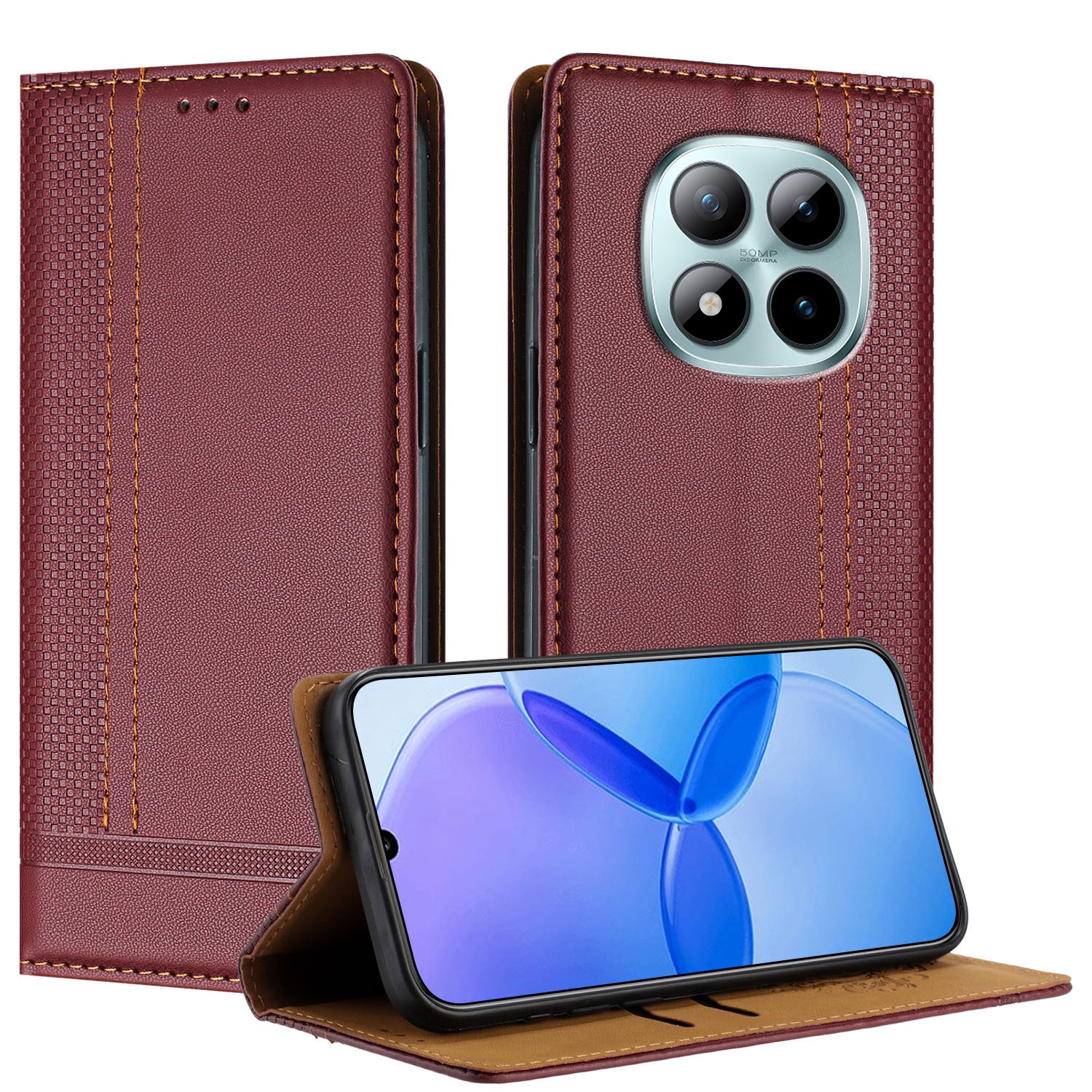 For Xiaomi Poco M8 Pro 5G / Redmi Note 15 Pro+ 5G (Global) Case L-Shaped Grid Pattern Leather Stand Phone Cover with Card Slots - Wine Red
