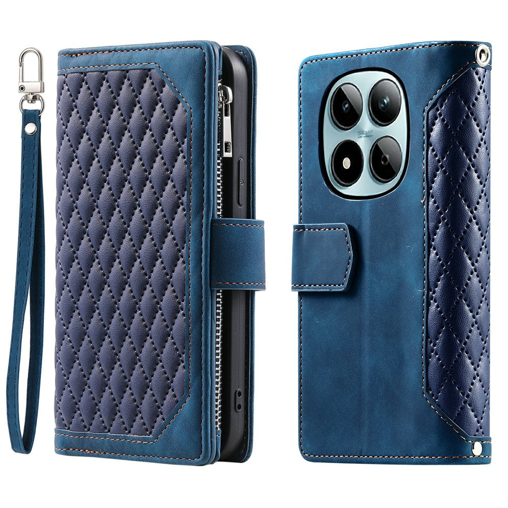 For Xiaomi Redmi Note 15 Pro 5G (Global) Wallet Case Rhombus Stitching Line PU Leather Phone Cover with Wrist Strap - Blue