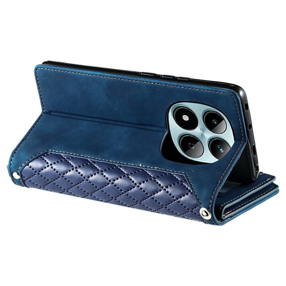 For Xiaomi Redmi Note 15 Pro 5G (Global) Wallet Case Rhombus Stitching Line PU Leather Phone Cover with Wrist Strap - Blue