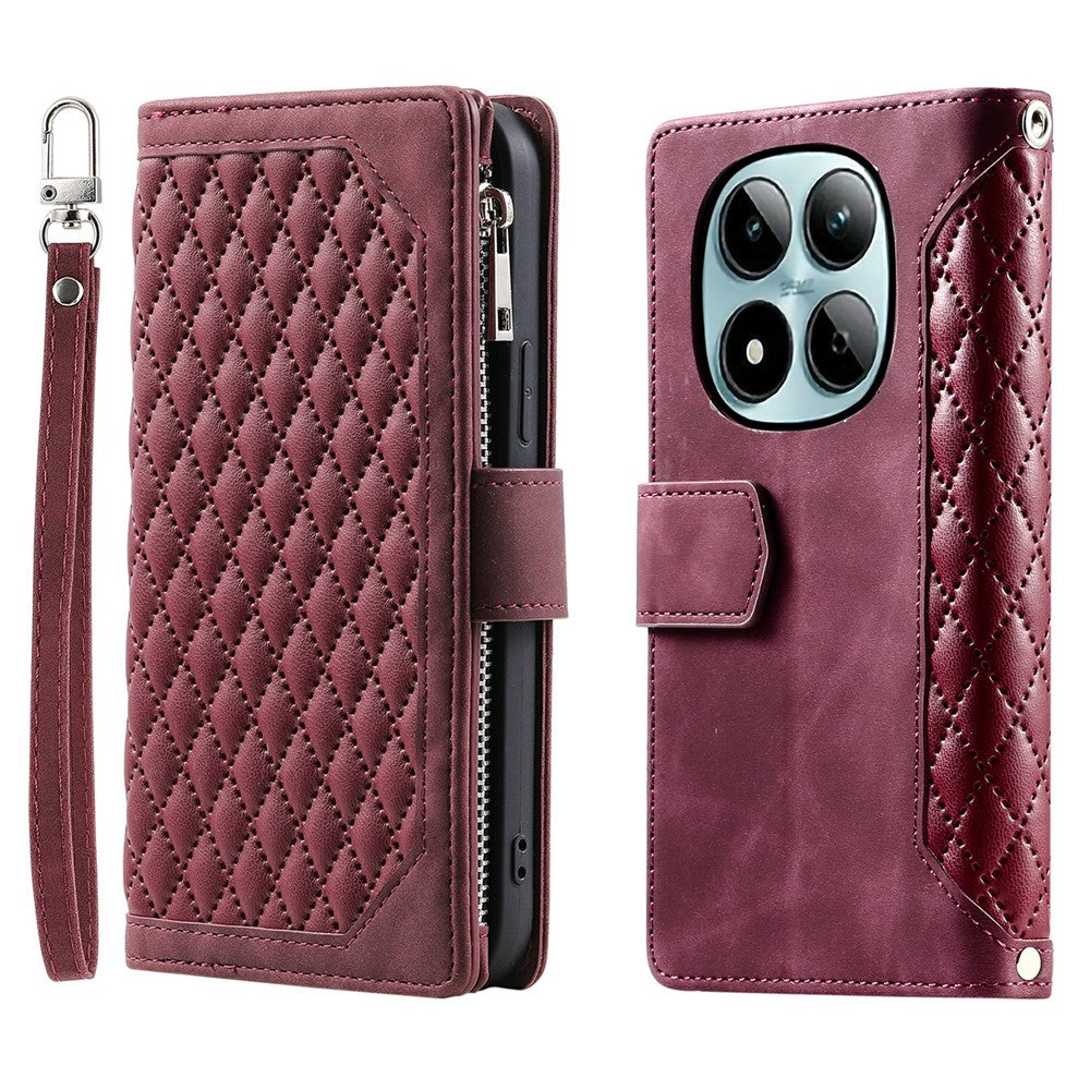 For Xiaomi Redmi Note 15 Pro 5G (Global) Wallet Case Rhombus Stitching Line PU Leather Phone Cover with Wrist Strap - Wine Red