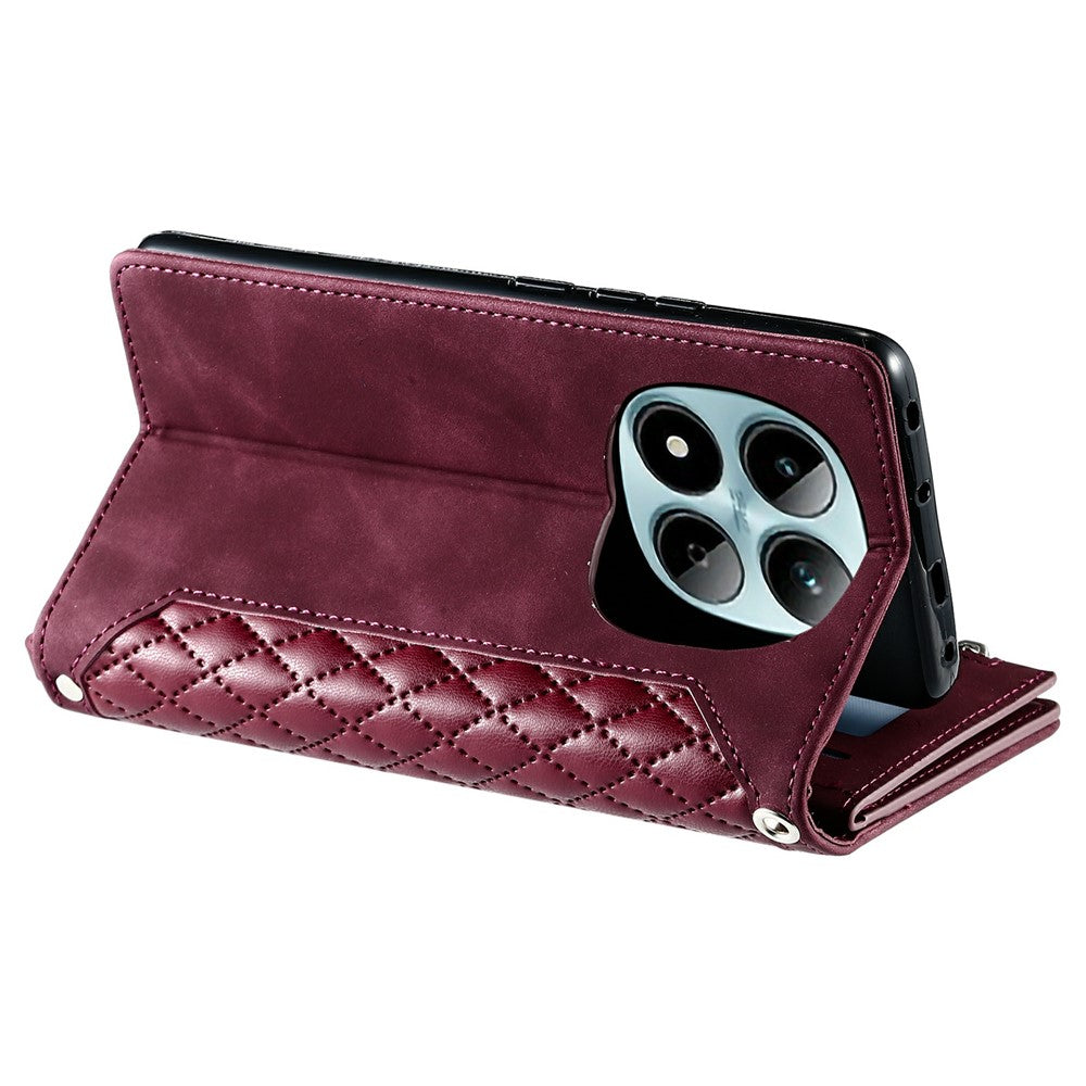 For Xiaomi Redmi Note 15 Pro 5G (Global) Wallet Case Rhombus Stitching Line PU Leather Phone Cover with Wrist Strap - Wine Red