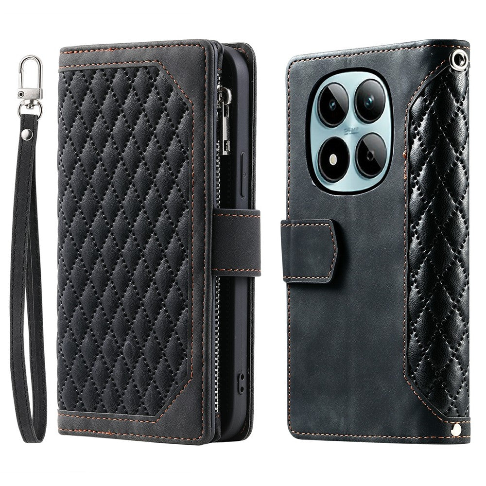 For Xiaomi Redmi Note 15 Pro 5G (Global) Wallet Case Rhombus Stitching Line PU Leather Phone Cover with Wrist Strap - Black