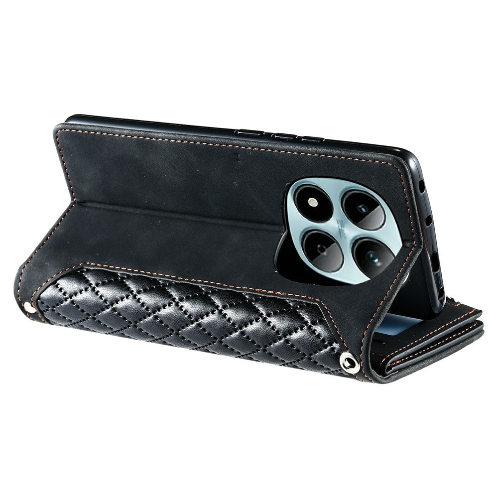 For Xiaomi Redmi Note 15 Pro 5G (Global) Wallet Case Rhombus Stitching Line PU Leather Phone Cover with Wrist Strap - Black