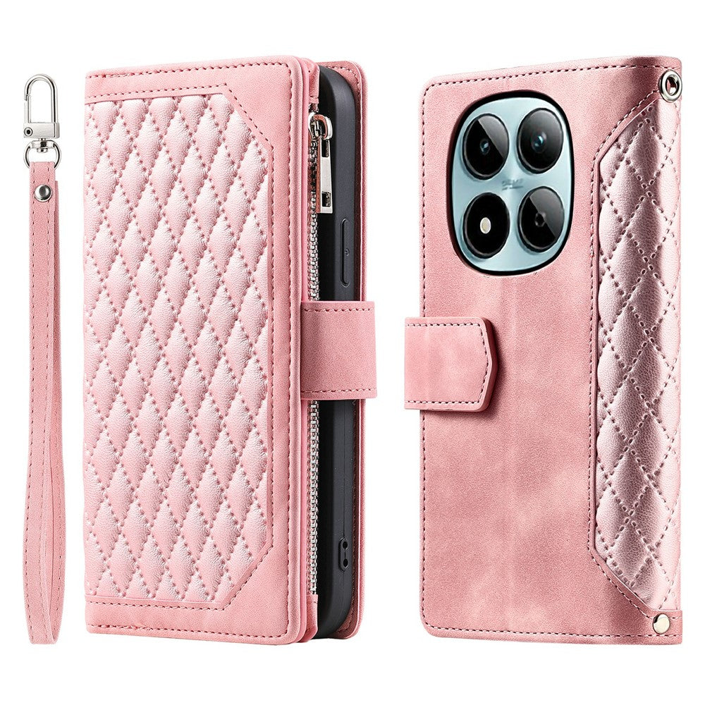 For Xiaomi Redmi Note 15 Pro 5G (Global) Wallet Case Rhombus Stitching Line PU Leather Phone Cover with Wrist Strap - Rose Gold