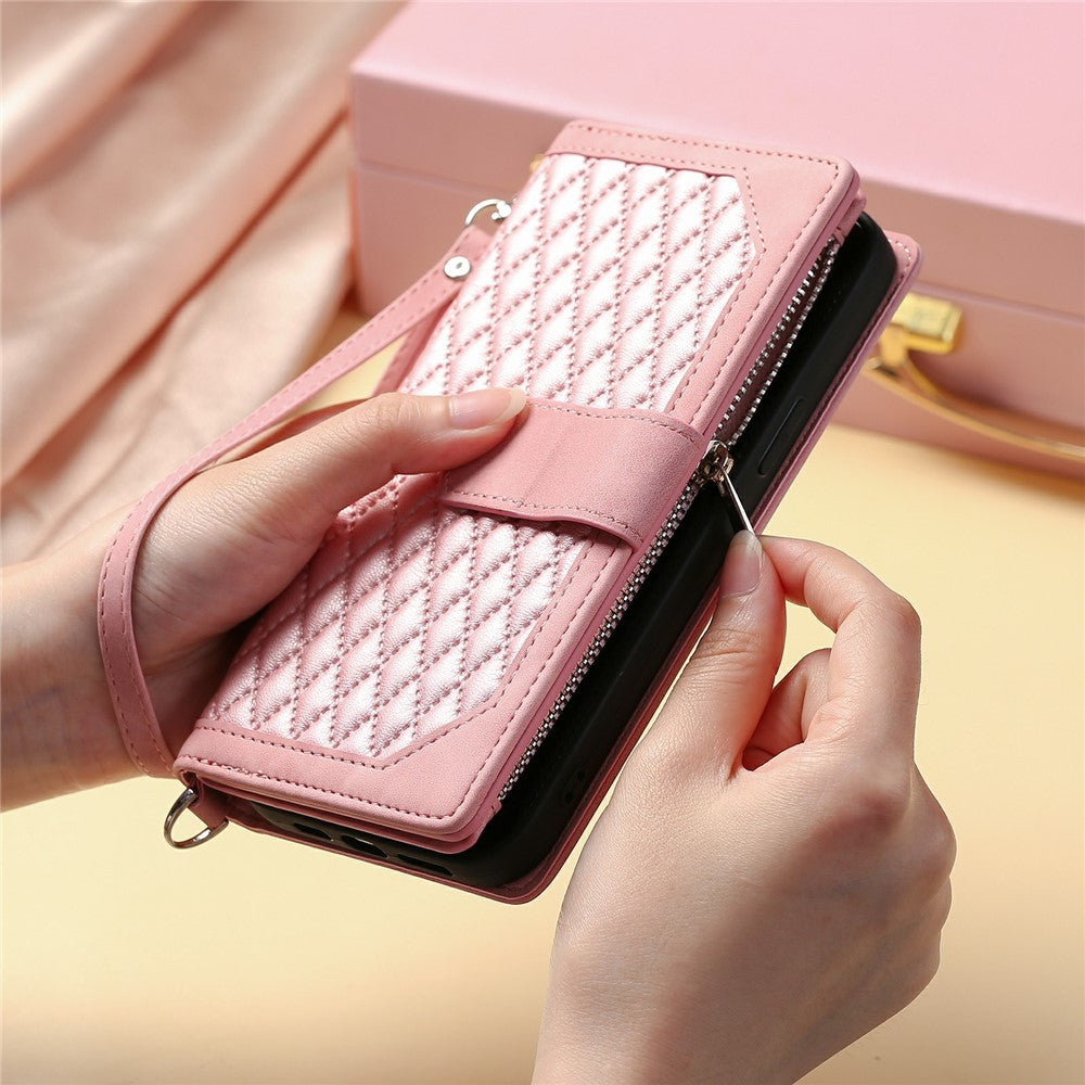 For Xiaomi Redmi Note 15 Pro 5G (Global) Wallet Case Rhombus Stitching Line PU Leather Phone Cover with Wrist Strap - Rose Gold