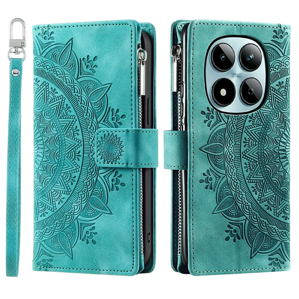 For Xiaomi Redmi Note 15 Pro 5G (Global) Wallet Case Mandala Flower Pattern PU Leather Phone Cover with Wrist Strap - Mint Green