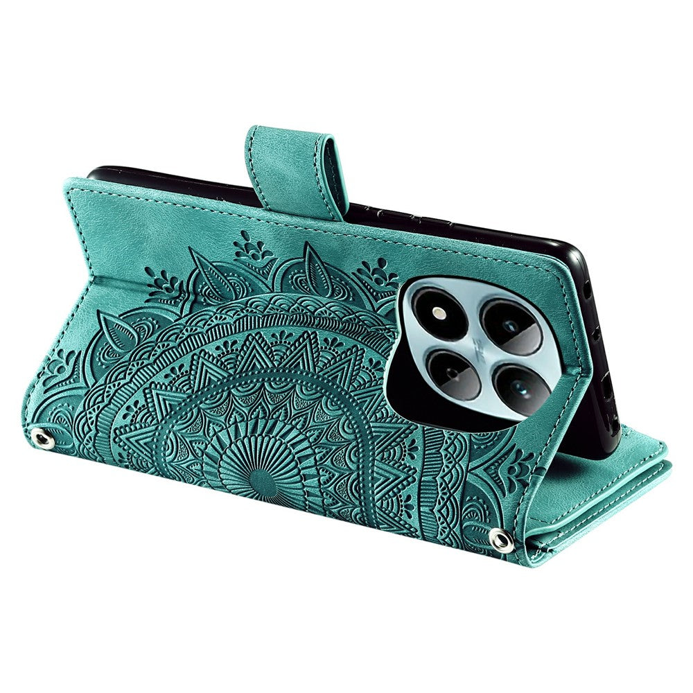 For Xiaomi Redmi Note 15 Pro 5G (Global) Wallet Case Mandala Flower Pattern PU Leather Phone Cover with Wrist Strap - Mint Green