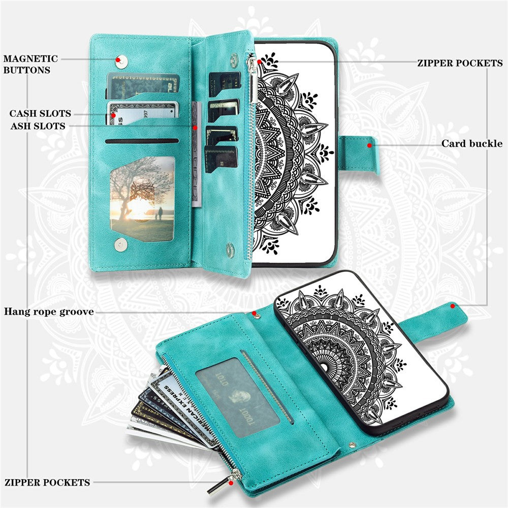 For Xiaomi Redmi Note 15 Pro 5G (Global) Wallet Case Mandala Flower Pattern PU Leather Phone Cover with Wrist Strap - Mint Green