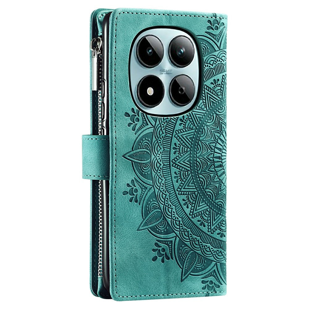 For Xiaomi Redmi Note 15 Pro 5G (Global) Wallet Case Mandala Flower Pattern PU Leather Phone Cover with Wrist Strap - Mint Green