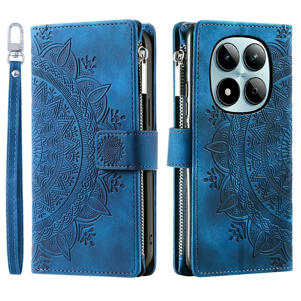 For Xiaomi Redmi Note 15 Pro 5G (Global) Wallet Case Mandala Flower Pattern PU Leather Phone Cover with Wrist Strap - Blue