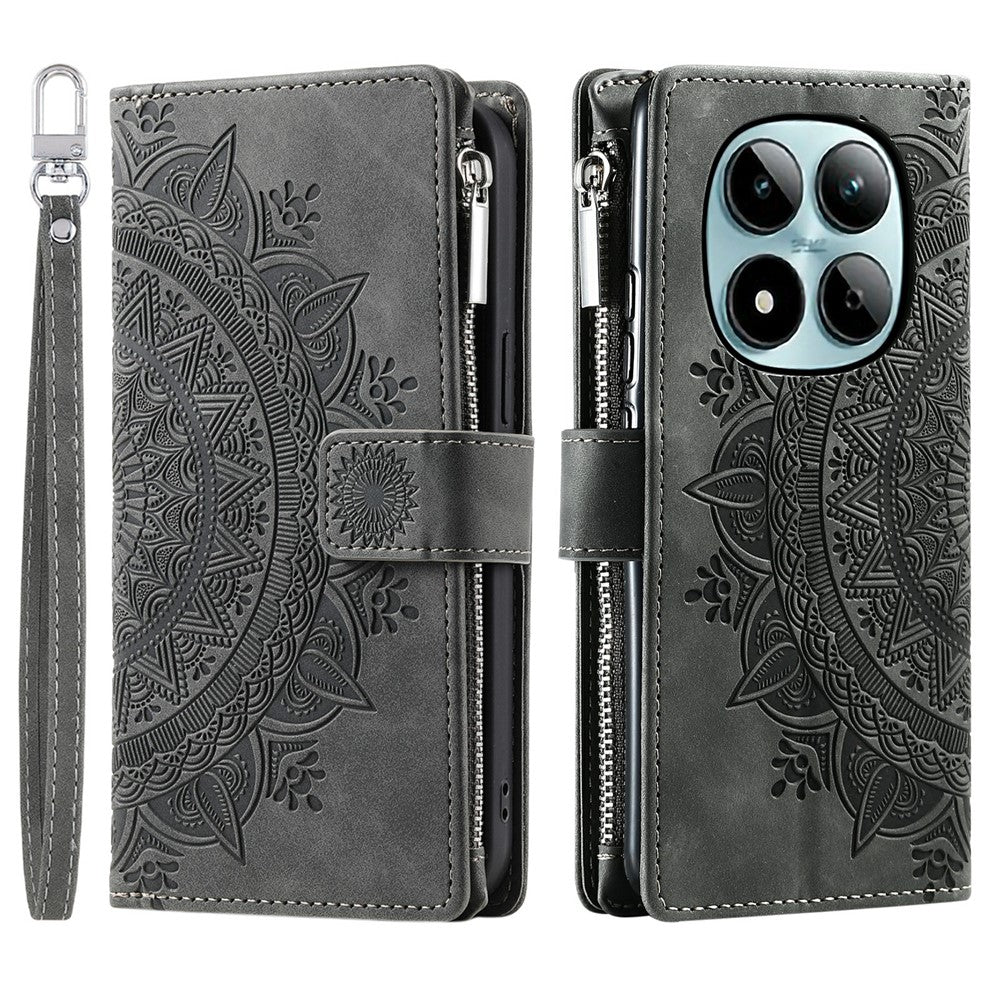 For Xiaomi Redmi Note 15 Pro 5G (Global) Wallet Case Mandala Flower Pattern PU Leather Phone Cover with Wrist Strap - Grey