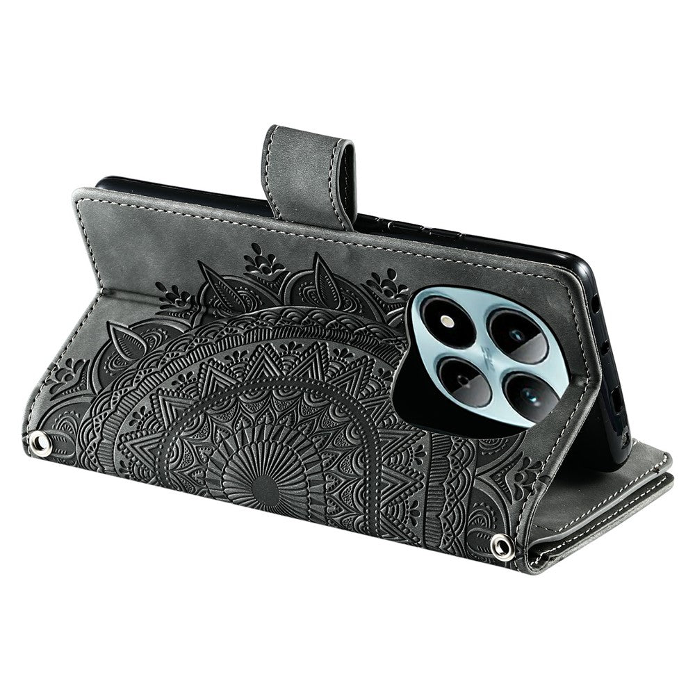 For Xiaomi Redmi Note 15 Pro 5G (Global) Wallet Case Mandala Flower Pattern PU Leather Phone Cover with Wrist Strap - Grey