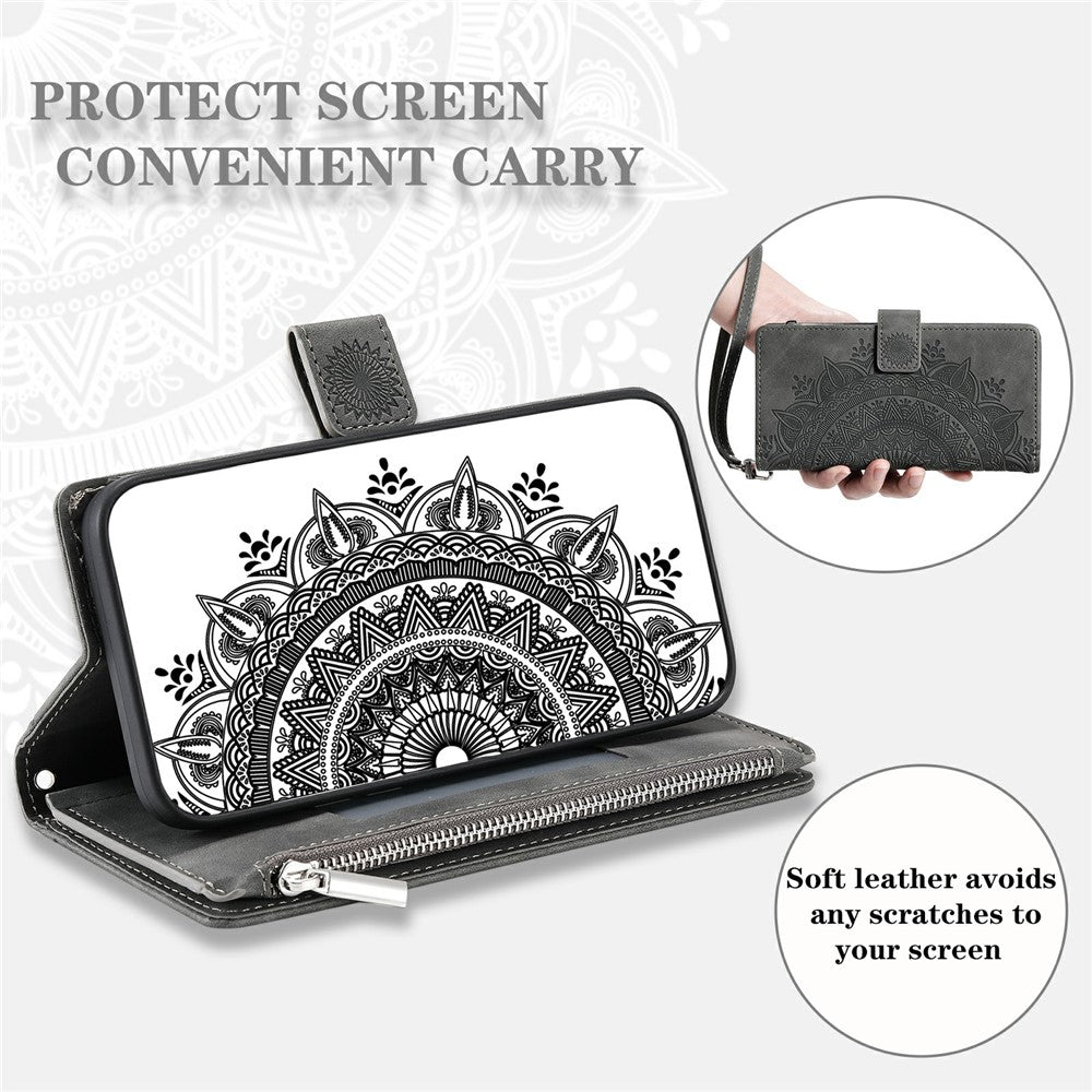 For Xiaomi Redmi Note 15 Pro 5G (Global) Wallet Case Mandala Flower Pattern PU Leather Phone Cover with Wrist Strap - Grey