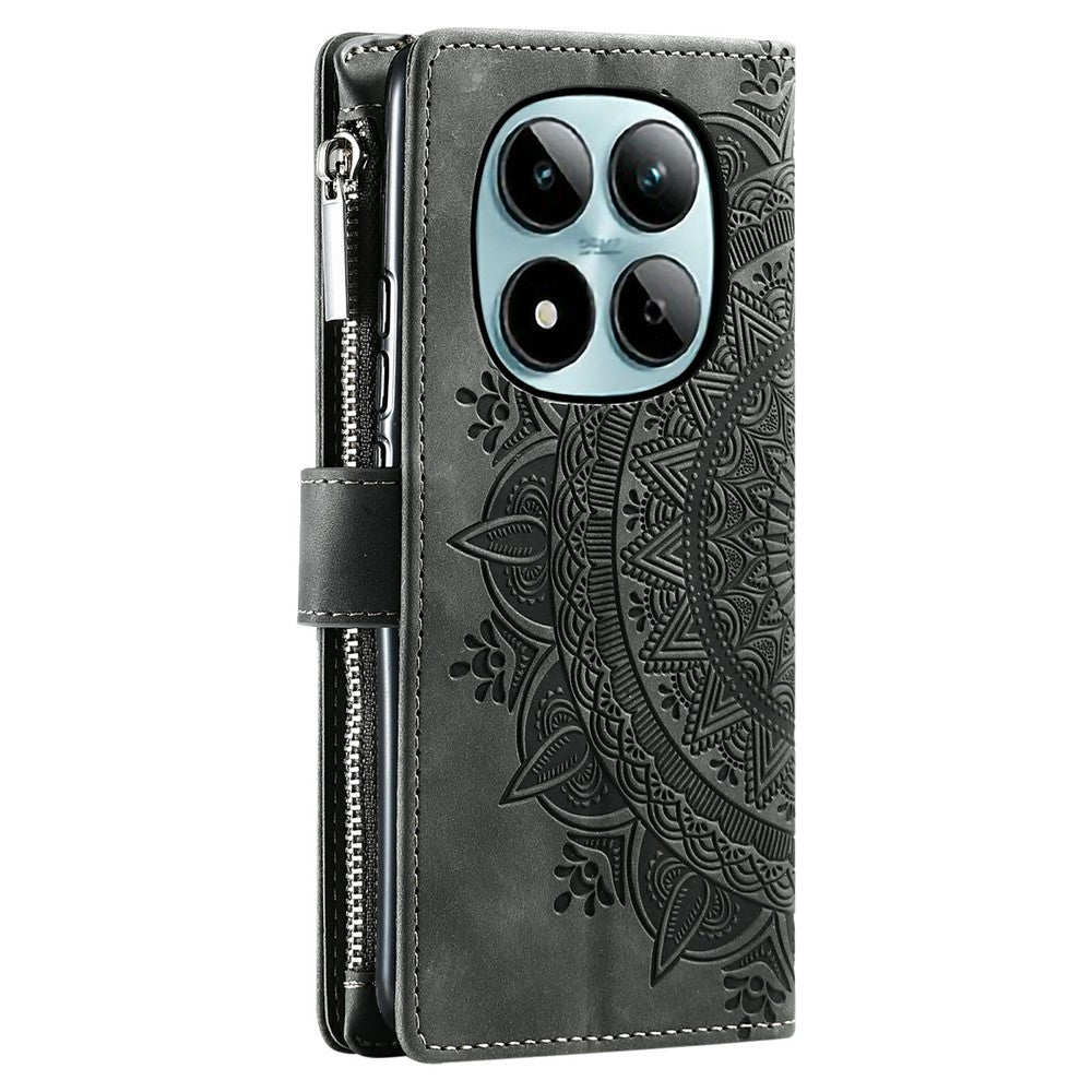 For Xiaomi Redmi Note 15 Pro 5G (Global) Wallet Case Mandala Flower Pattern PU Leather Phone Cover with Wrist Strap - Grey