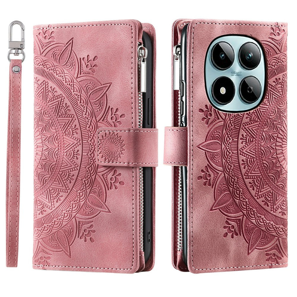 For Xiaomi Redmi Note 15 Pro 5G (Global) Wallet Case Mandala Flower Pattern PU Leather Phone Cover with Wrist Strap - Rose Gold