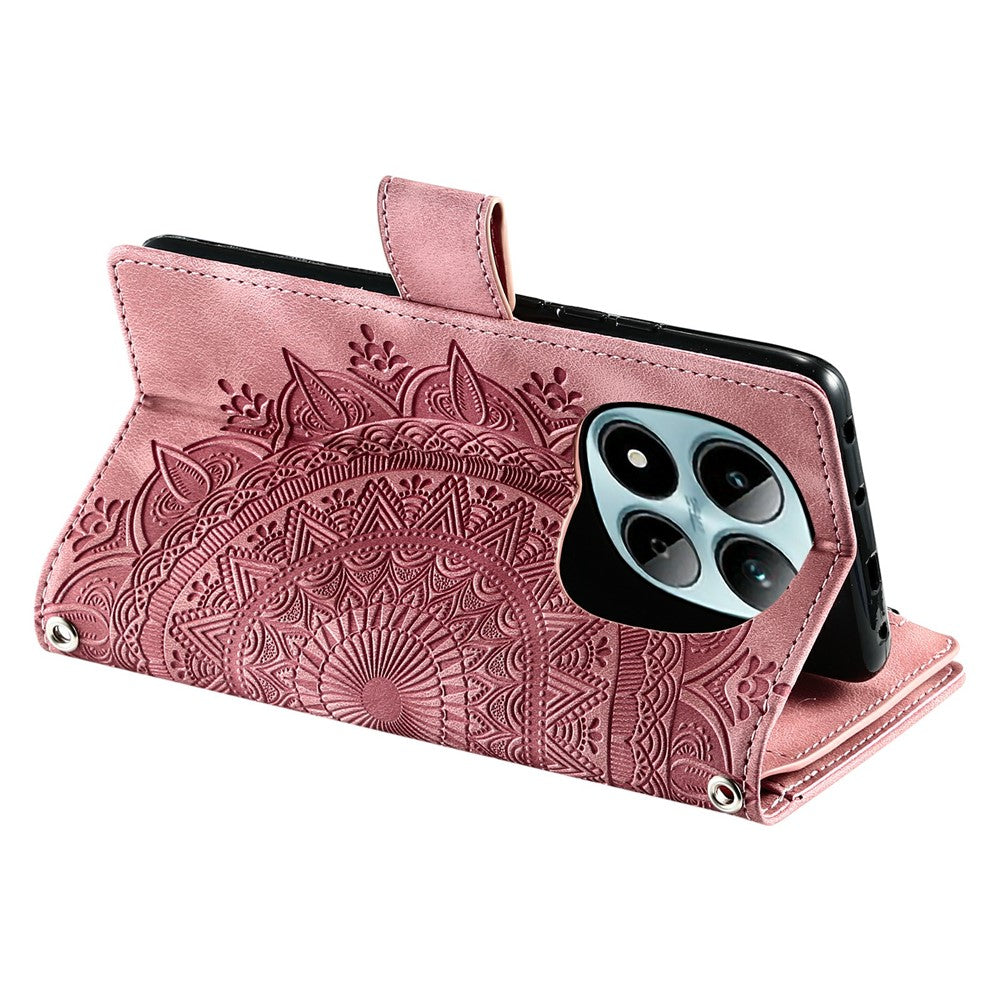 For Xiaomi Redmi Note 15 Pro 5G (Global) Wallet Case Mandala Flower Pattern PU Leather Phone Cover with Wrist Strap - Rose Gold