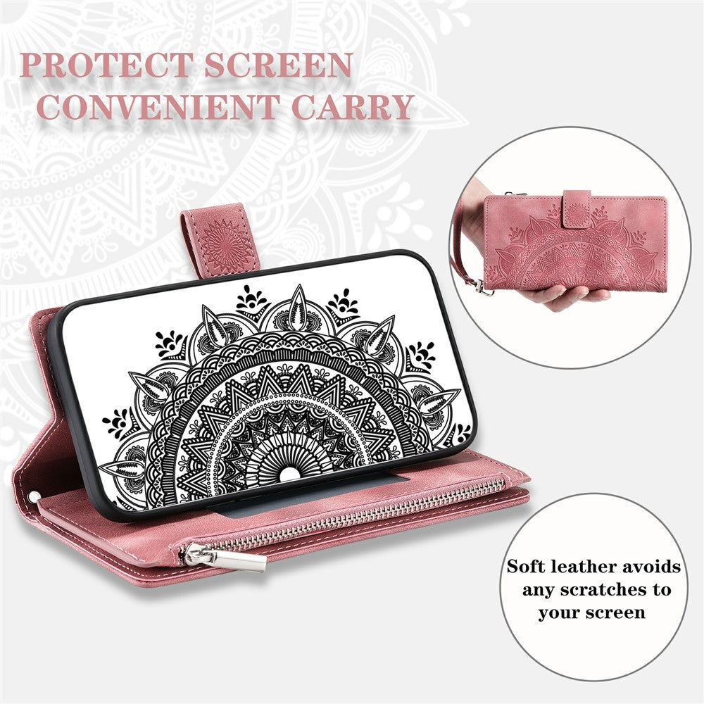 For Xiaomi Redmi Note 15 Pro 5G (Global) Wallet Case Mandala Flower Pattern PU Leather Phone Cover with Wrist Strap - Rose Gold