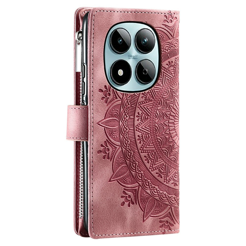 For Xiaomi Redmi Note 15 Pro 5G (Global) Wallet Case Mandala Flower Pattern PU Leather Phone Cover with Wrist Strap - Rose Gold