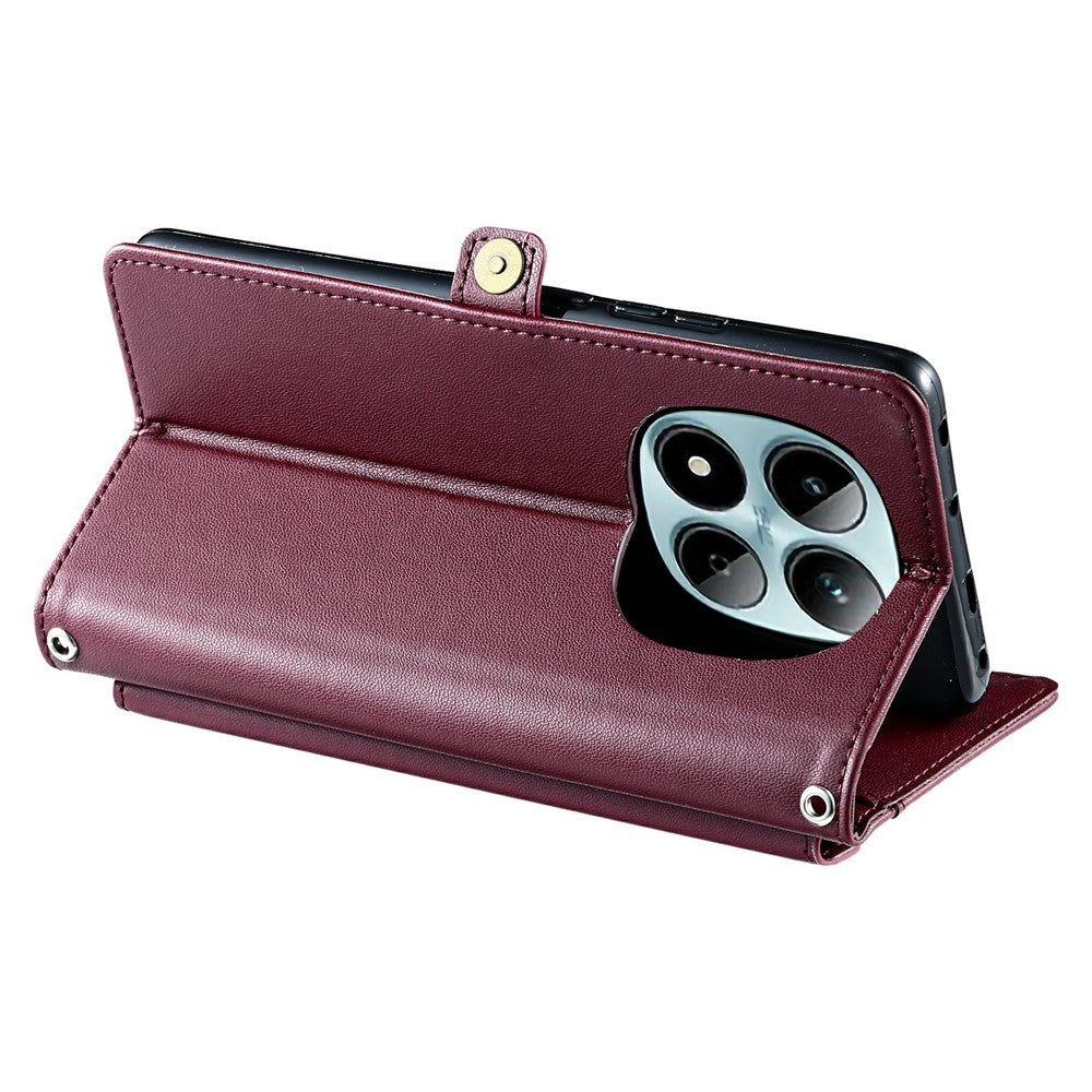 For Xiaomi Redmi Note 15 Pro 5G (Global) Leather Case with Wrist Strap Wallet Stand Phone Cover - Wine Red