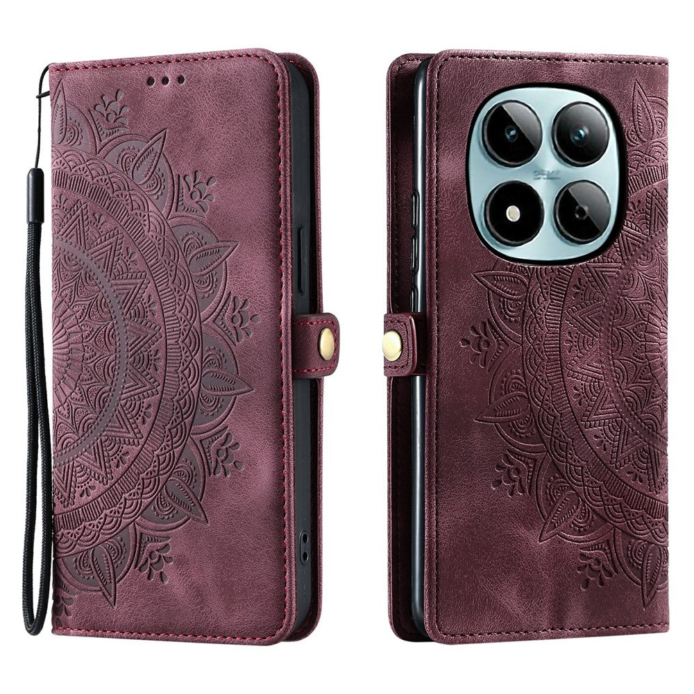 For Xiaomi Redmi Note 15 Pro 5G (Global) Case Skin Feel Totem Imprinted Wallet Leather Phone Cover with Hand Strap - Wine Red