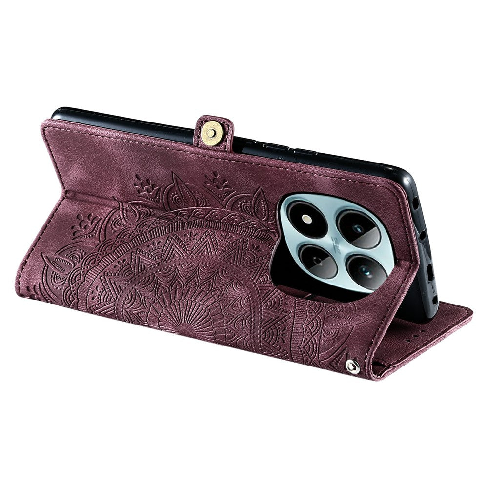 For Xiaomi Redmi Note 15 Pro 5G (Global) Case Skin Feel Totem Imprinted Wallet Leather Phone Cover with Hand Strap - Wine Red