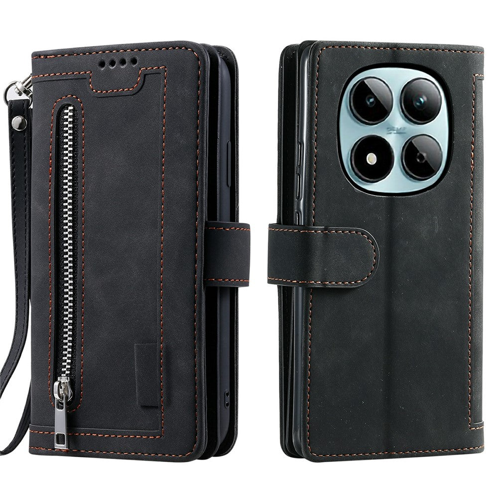 For Xiaomi Redmi Note 15 Pro 5G (Global) Case 9 Card Slots Zipper Wallet PU Leather Phone Cover with Wrist Strap - Black