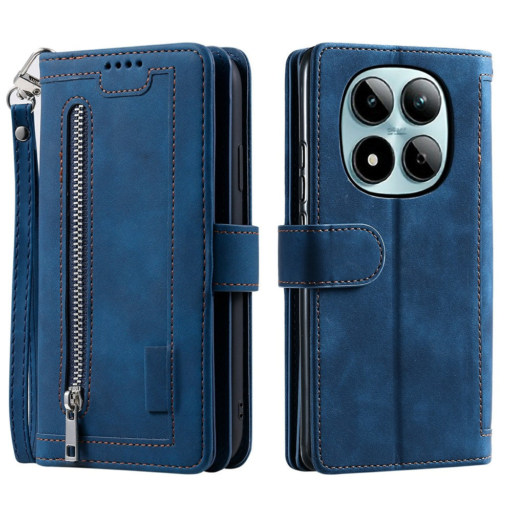 For Xiaomi Redmi Note 15 Pro 5G (Global) Case 9 Card Slots Zipper Wallet PU Leather Phone Cover with Wrist Strap - Blue