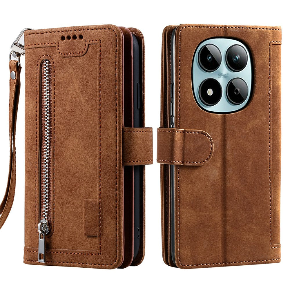 For Xiaomi Redmi Note 15 Pro 5G (Global) Case 9 Card Slots Zipper Wallet PU Leather Phone Cover with Wrist Strap - Brown