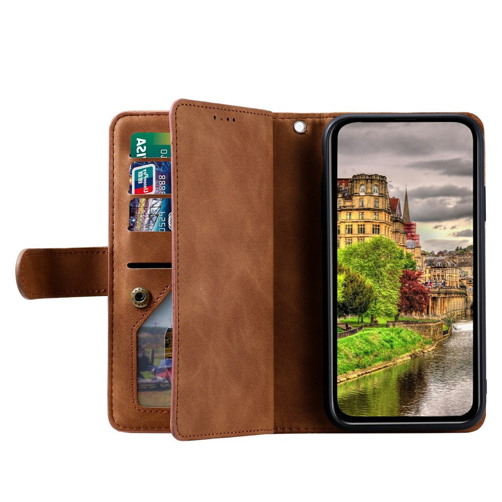 For Xiaomi Redmi Note 15 Pro 5G (Global) Case 9 Card Slots Zipper Wallet PU Leather Phone Cover with Wrist Strap - Brown