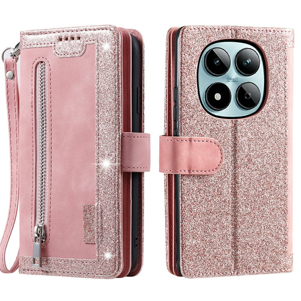 For Xiaomi Redmi Note 15 Pro 5G (Global) Case 9 Card Slots Zipper Wallet PU Leather Phone Cover with Wrist Strap - Rose Gold