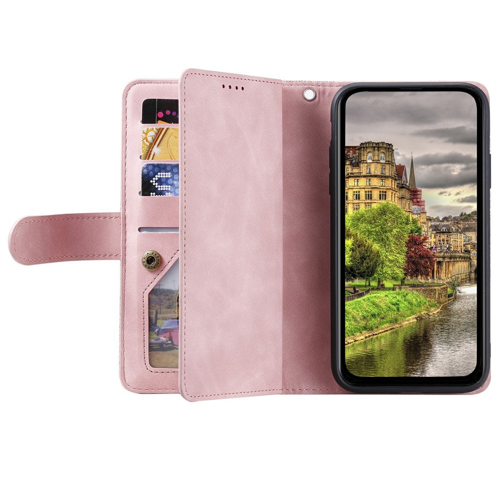 For Xiaomi Redmi Note 15 Pro 5G (Global) Case 9 Card Slots Zipper Wallet PU Leather Phone Cover with Wrist Strap - Rose Gold