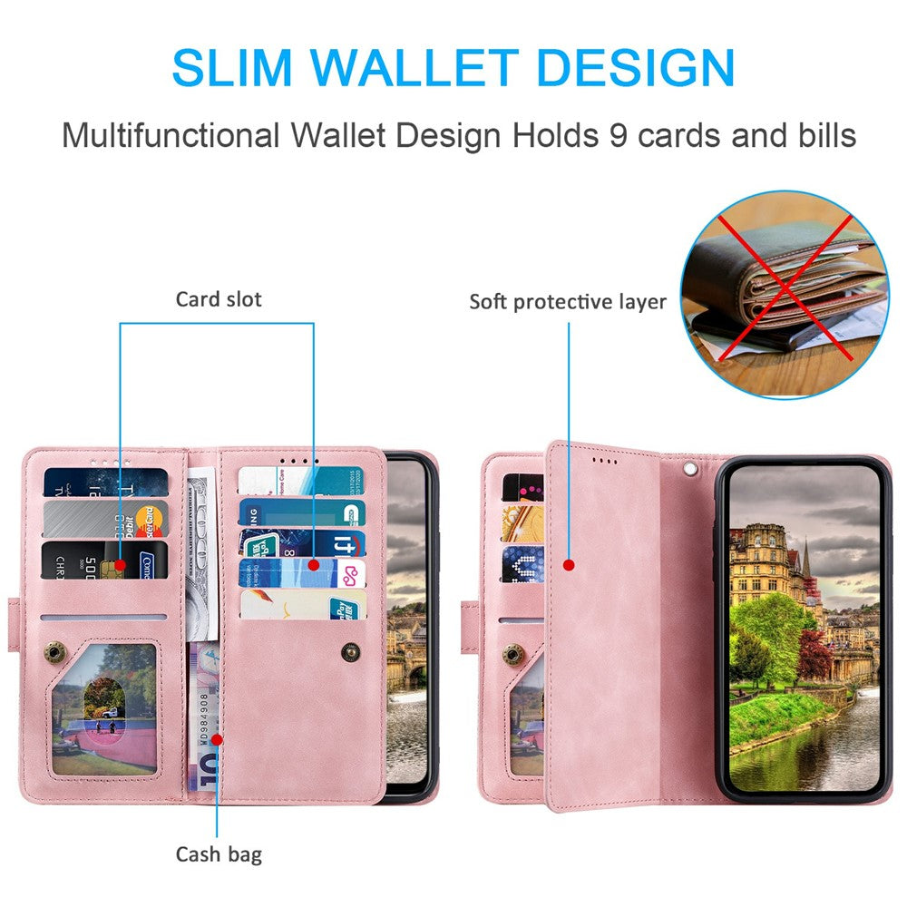 For Xiaomi Redmi Note 15 Pro 5G (Global) Case 9 Card Slots Zipper Wallet PU Leather Phone Cover with Wrist Strap - Rose Gold