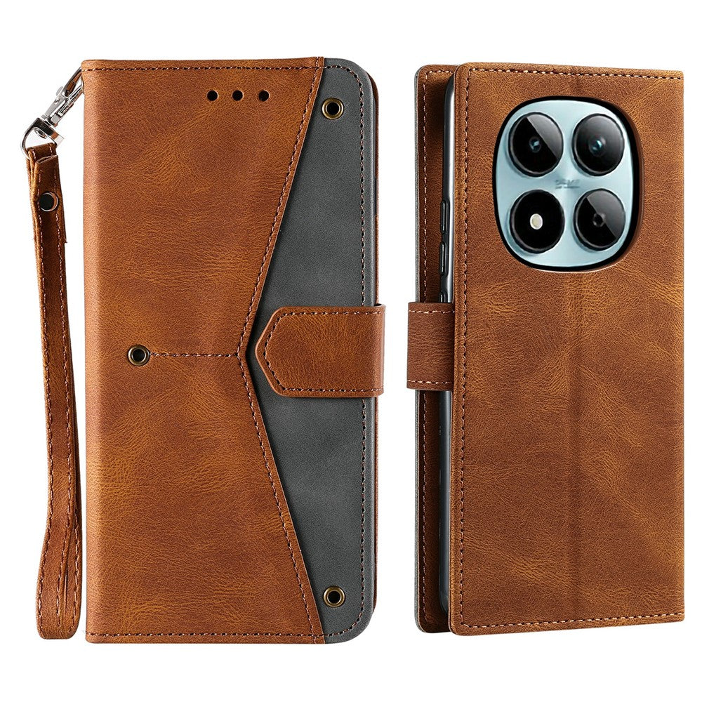 For Xiaomi Redmi Note 15 Pro 5G (Global) Leather Case Splicing Stitching Wallet Phone Cover with Wrist Strap - Brown